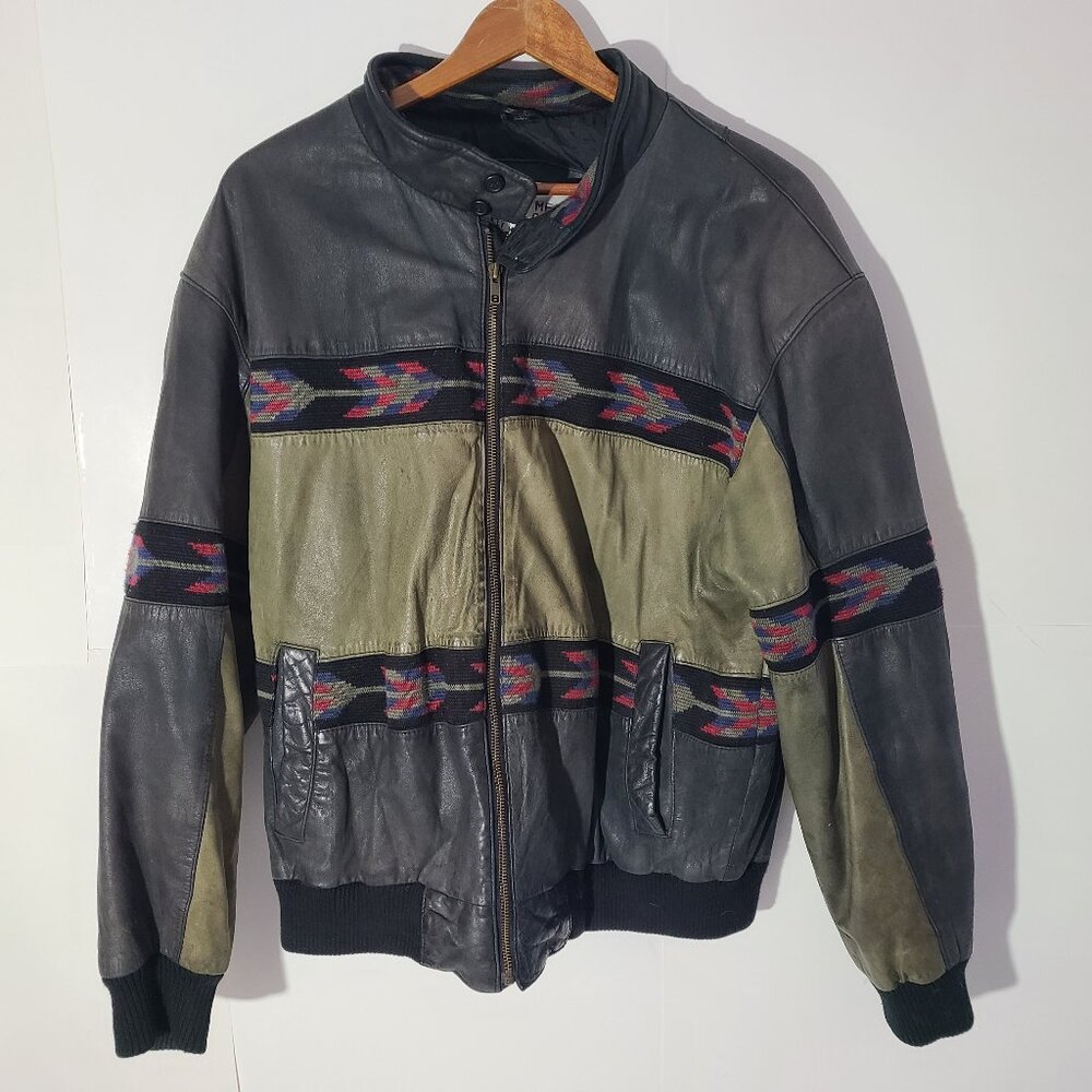 Vintage 80s/90s Mesa Ridge Black/Green Full ZIp XL Leather Jacket